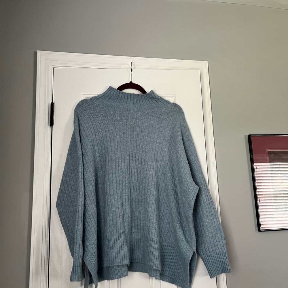 LOFT Blue Cowl Neck Sweater with Ribbed Texture